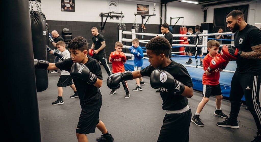Children in boxing gloves train with coaches in a gym, practicing punches and techniques near a boxing ring.