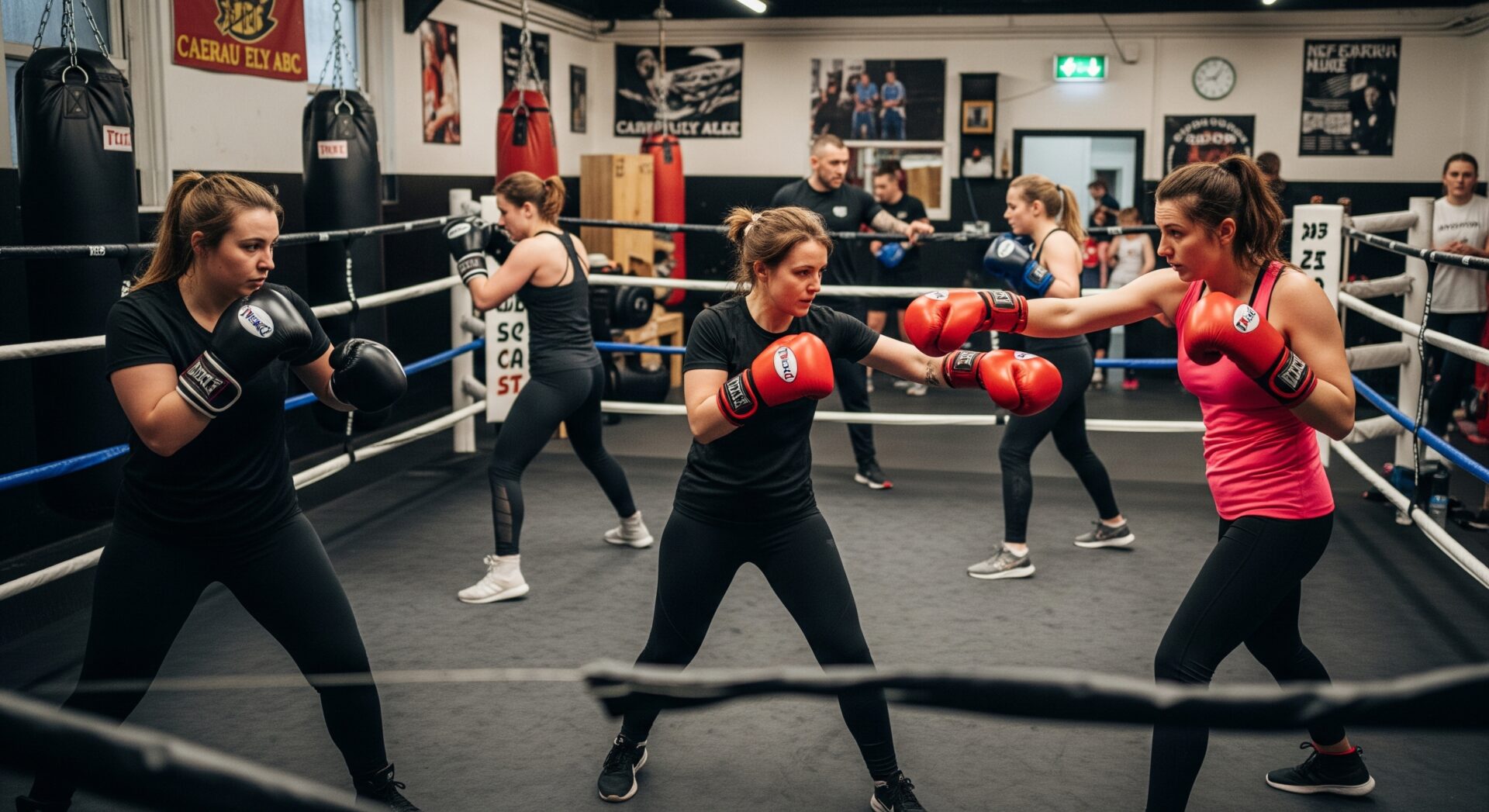 Women wearing boxing gloves spar and train in pairs inside a boxing gym, with posters on the walls and exercise equipment in the background.