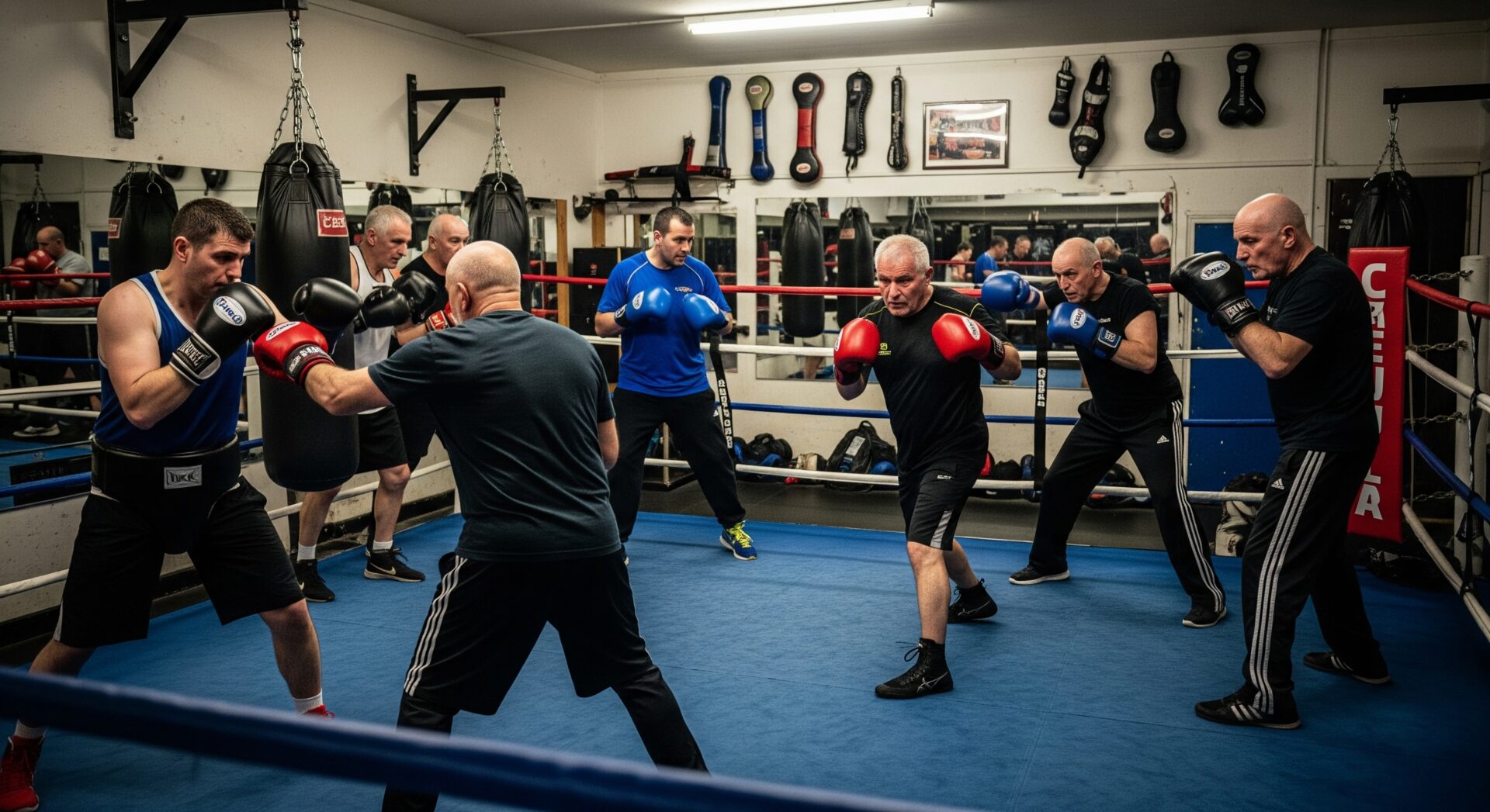 A group of men practice boxing in a gym, wearing gloves and athletic clothing, with punching bags and equipment visible in the background.