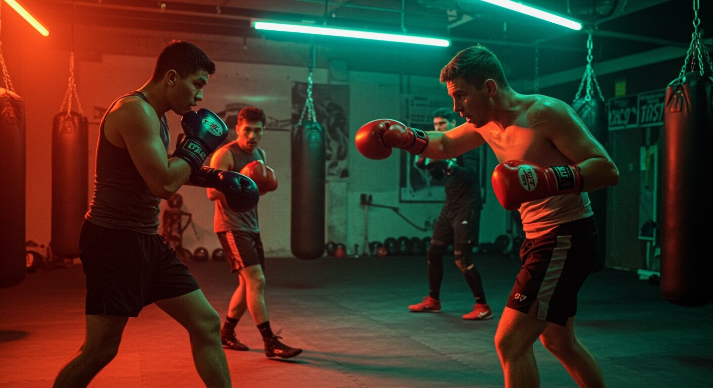 Four men are sparring in a boxing gym with hanging punching bags, under green and orange lighting.