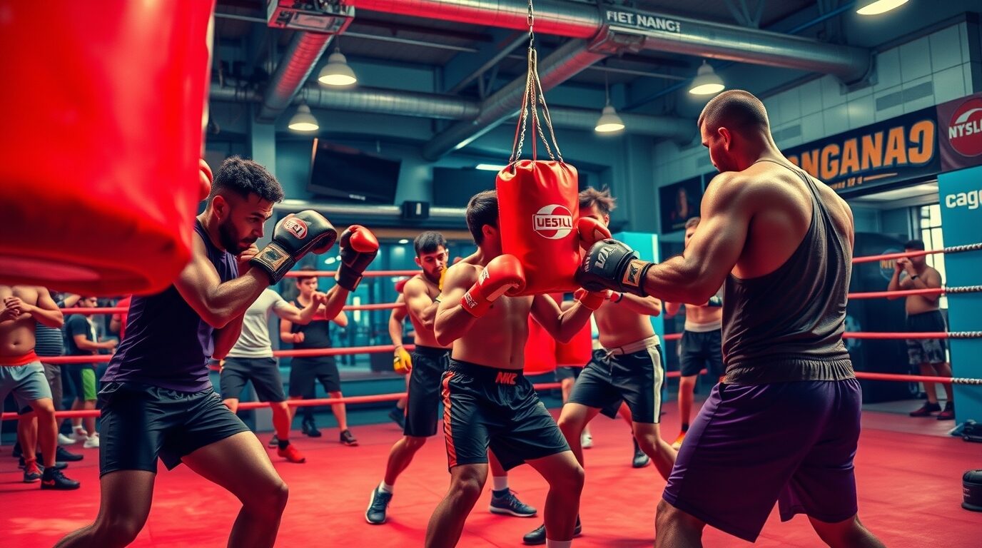 A group of men spar and train together in a boxing gym, wearing gloves and athletic gear inside a ring, with people watching in the background.