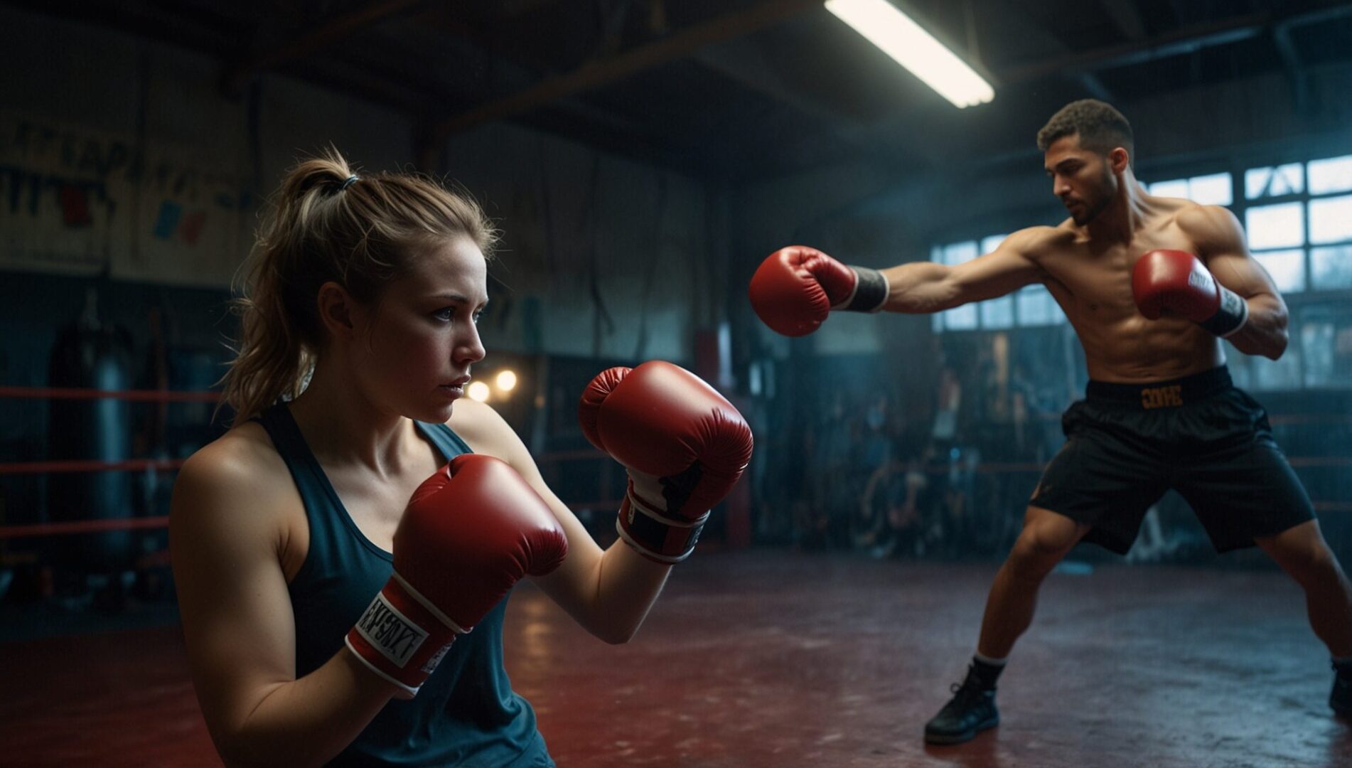 A woman in boxing gloves is in a defensive stance while a man in boxing gloves throws a punch in a gym boxing ring.